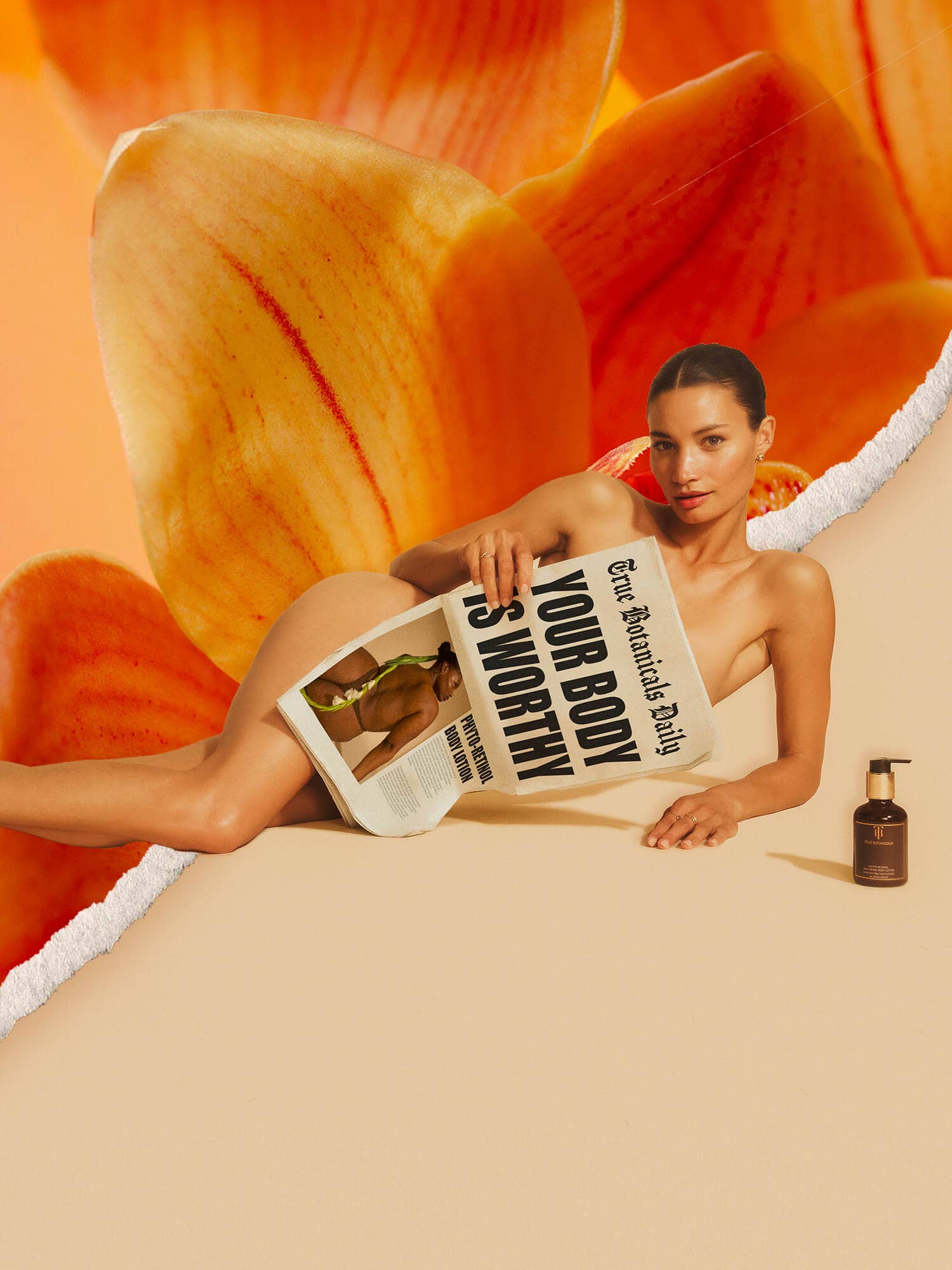 Woman laying with newspaper covering her and lotion next to her. Orange floral background.