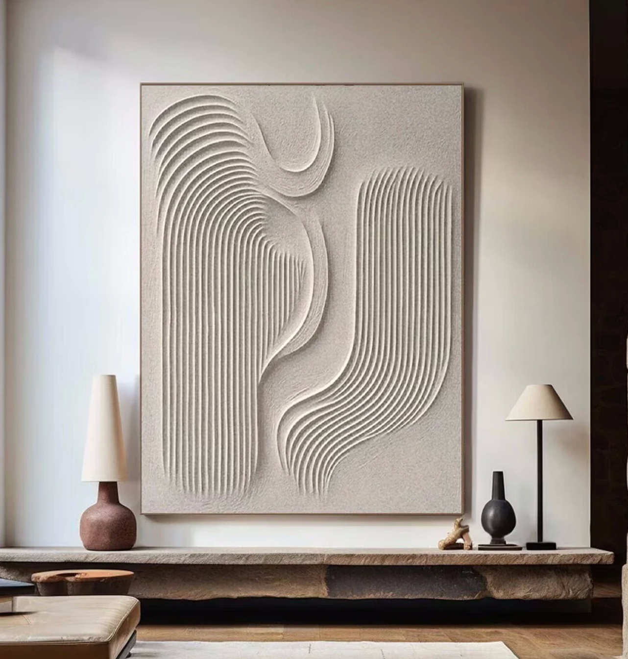 home with texturized painting and flanking lamps