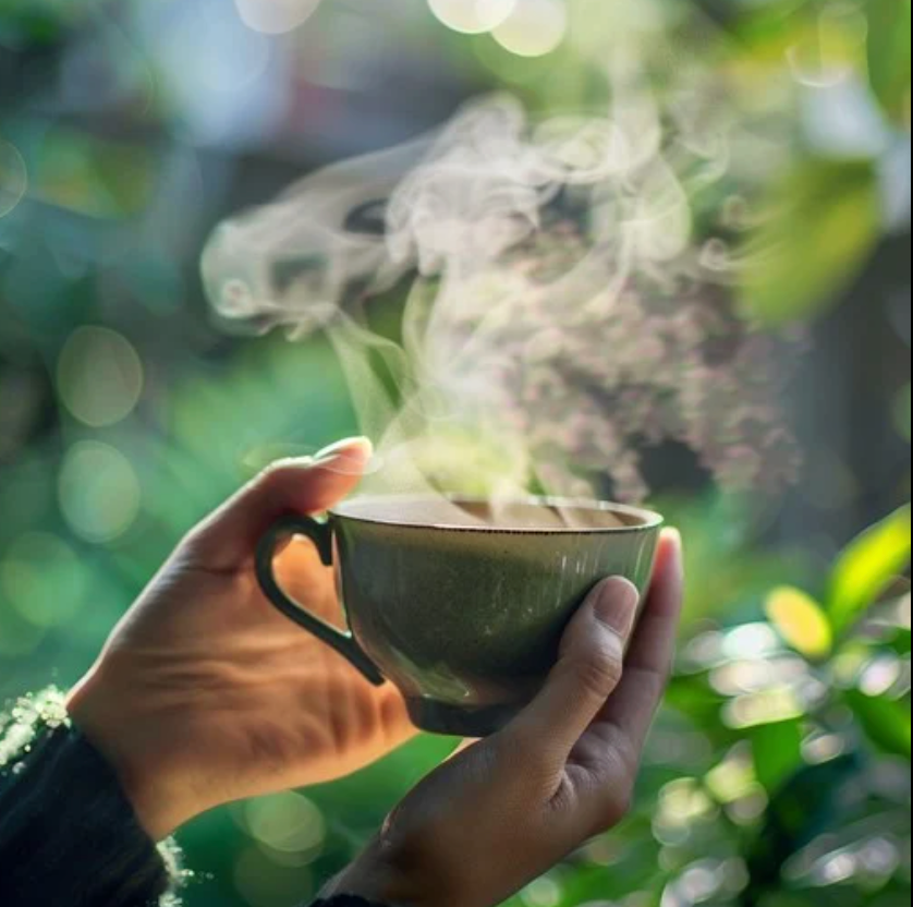 focused shot of a cup of coffee steaming 