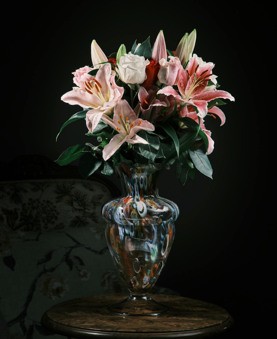 flower vase with lilies and roses