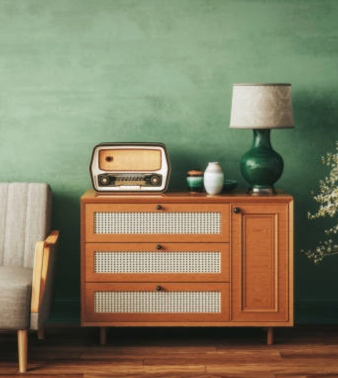 Vintage chest, radio and lamp on a sage green backgroud