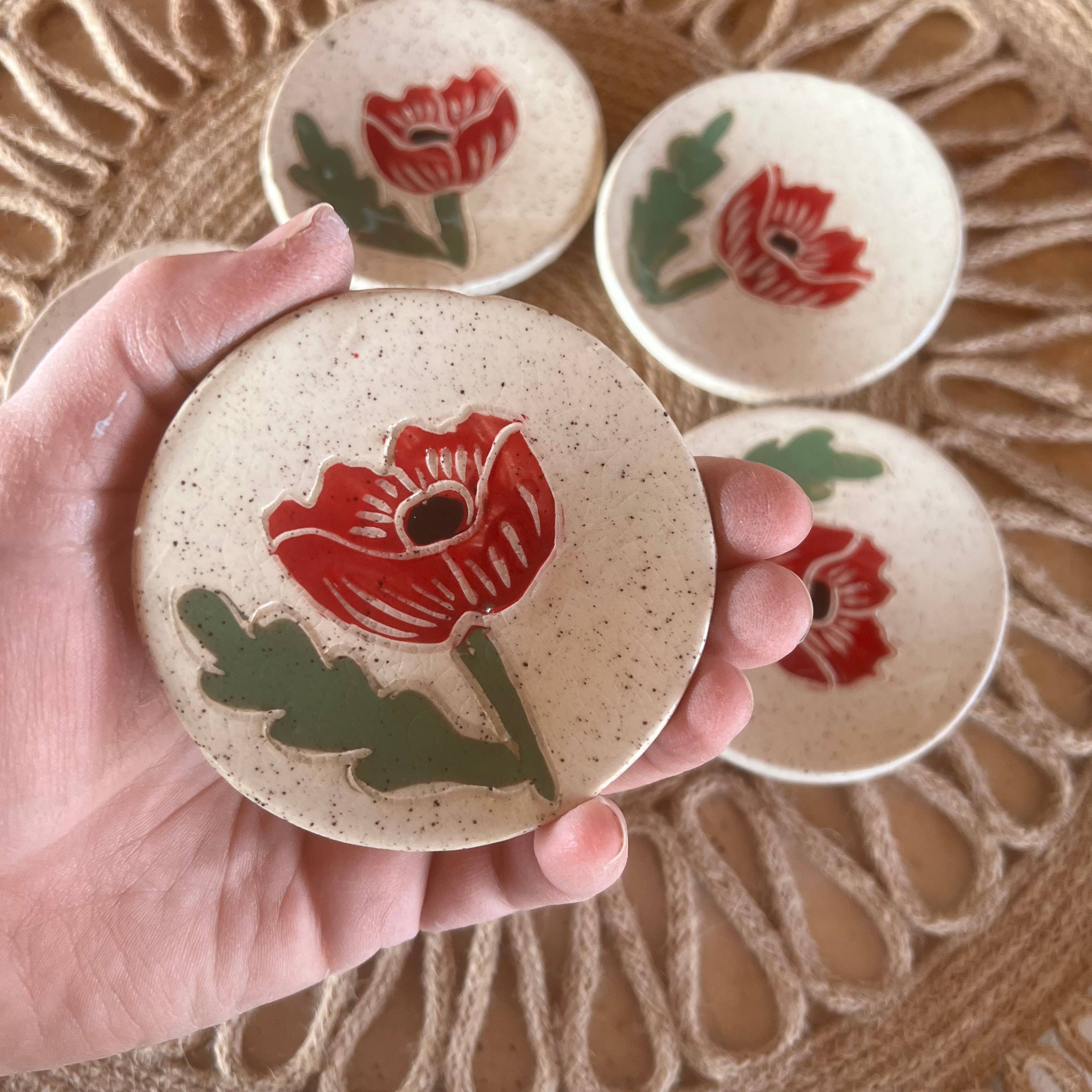Red Poppy Sgraffito Ceramic 3" Dish | Mahjong Dice Dish