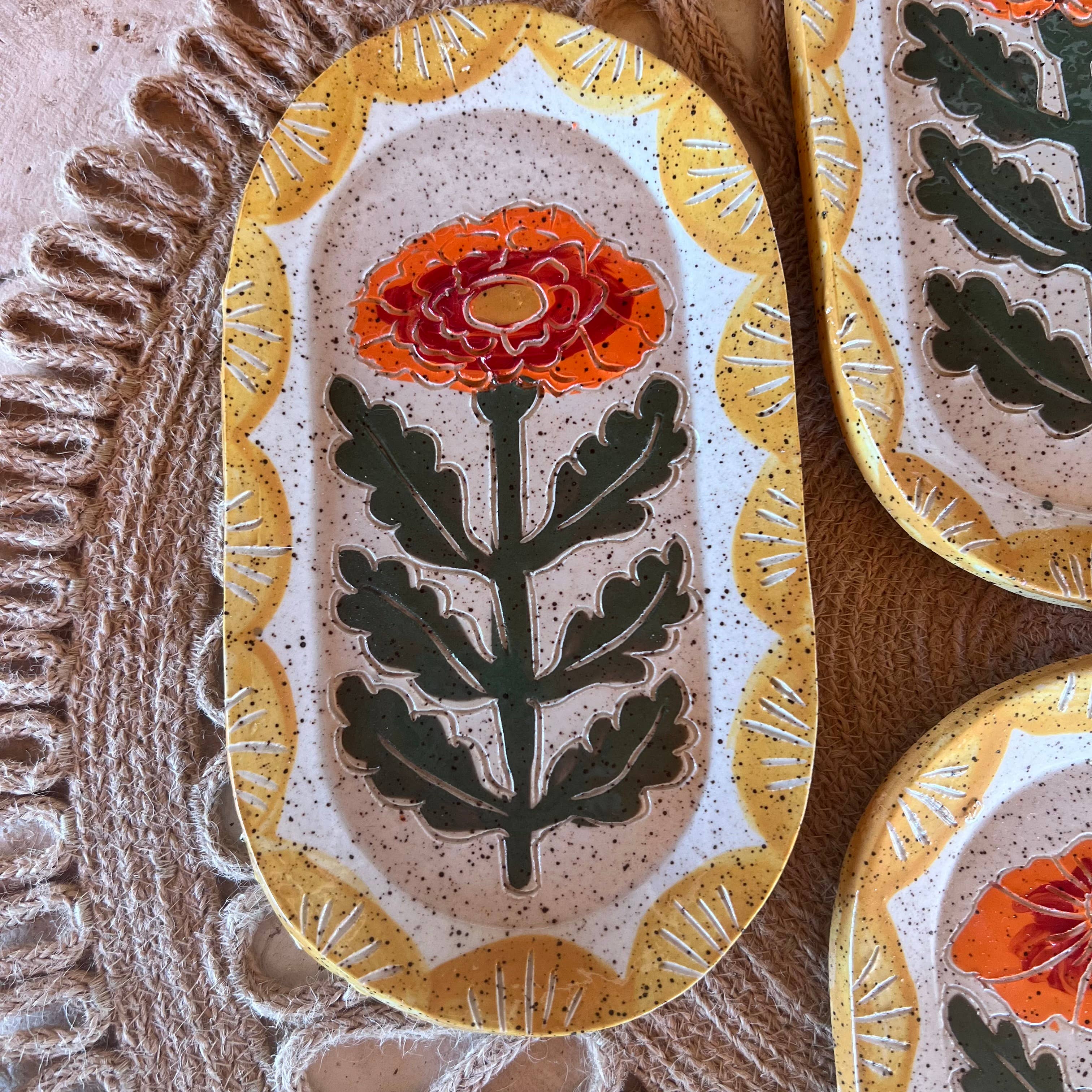 Goldies- Marigold ceramic sgraffito Trinket Dish | Mahjong Dive Dish