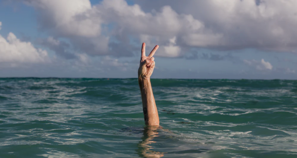 Hand making a peace sign above the ocean with a cloudy sky.
