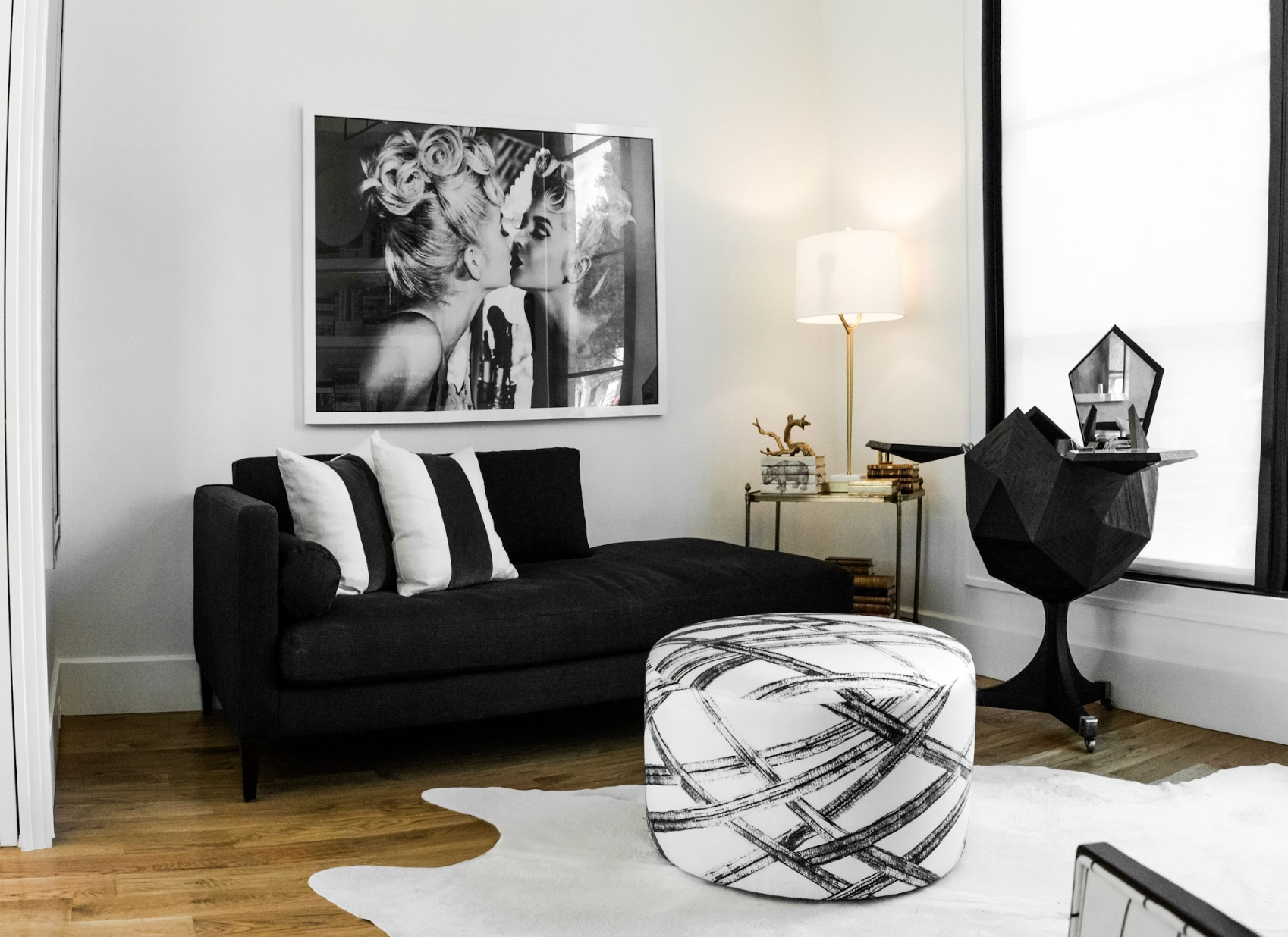 black and white sofa and accessories