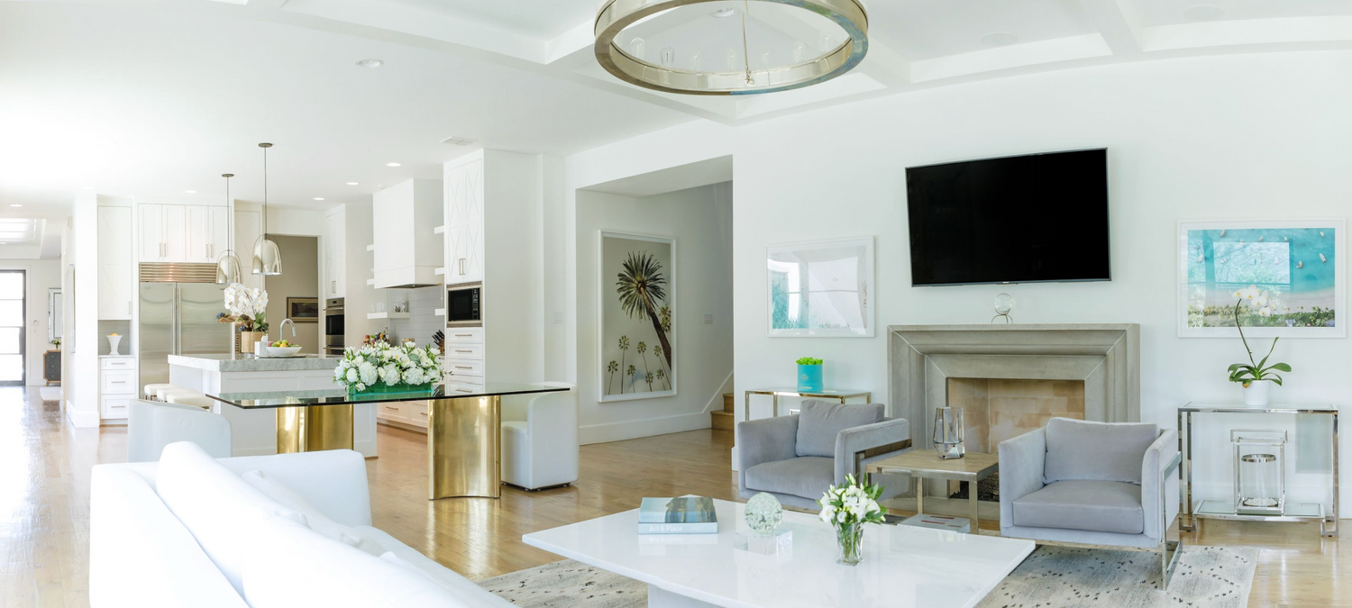wide angle of living room and kitchen open space layout