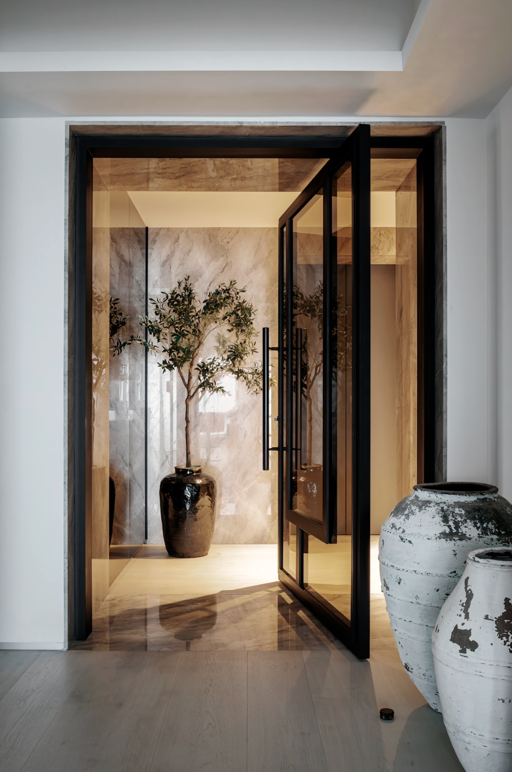 detail of front door made of glass and metal in black.