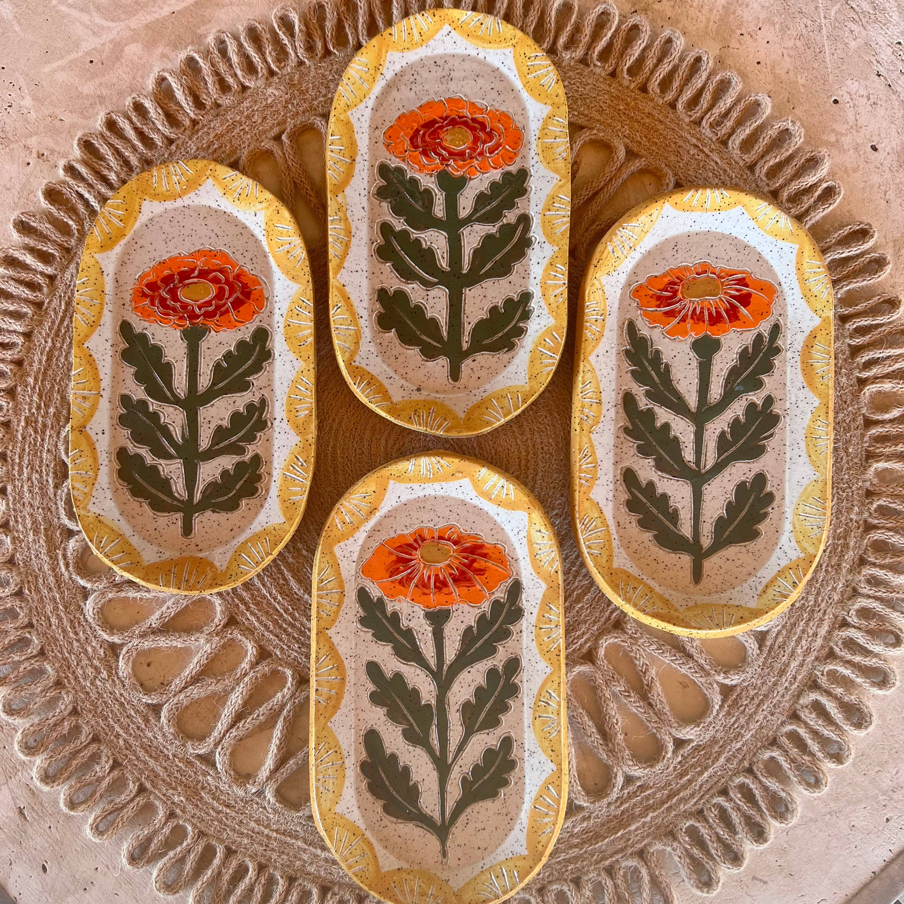 Goldies- Marigold ceramic sgraffito Trinket Dish | Mahjong Dive Dish