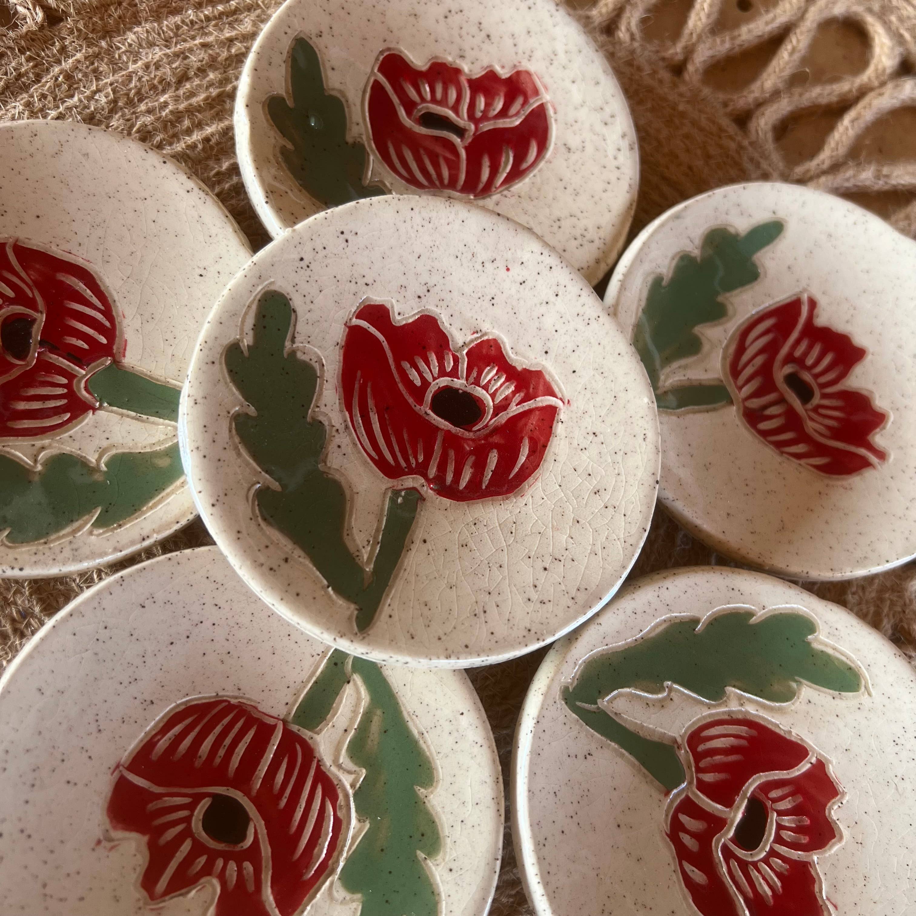 Red Poppy Sgraffito Ceramic 3" Dish | Mahjong Dice Dish