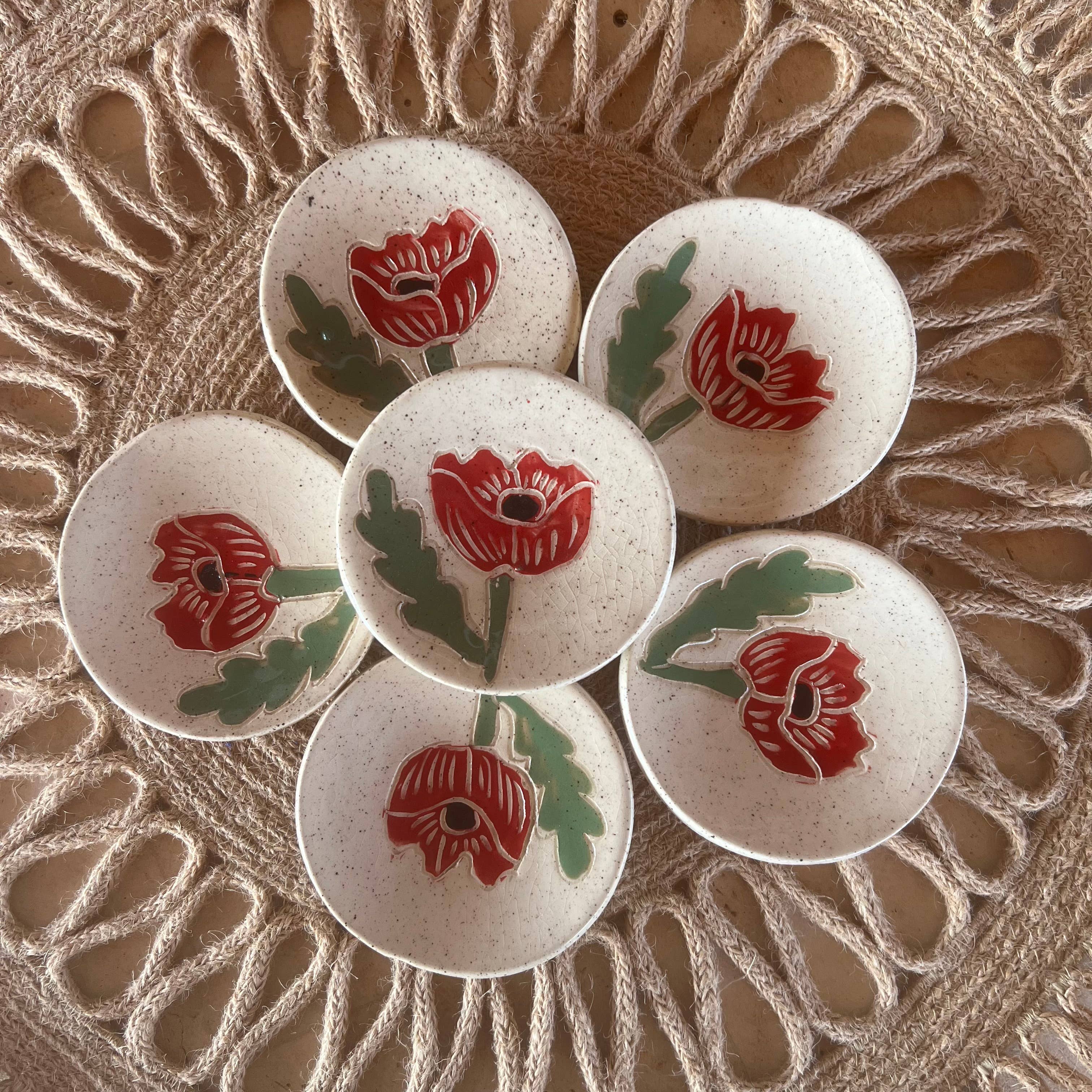 Red Poppy Sgraffito Ceramic 3" Dish | Mahjong Dice Dish