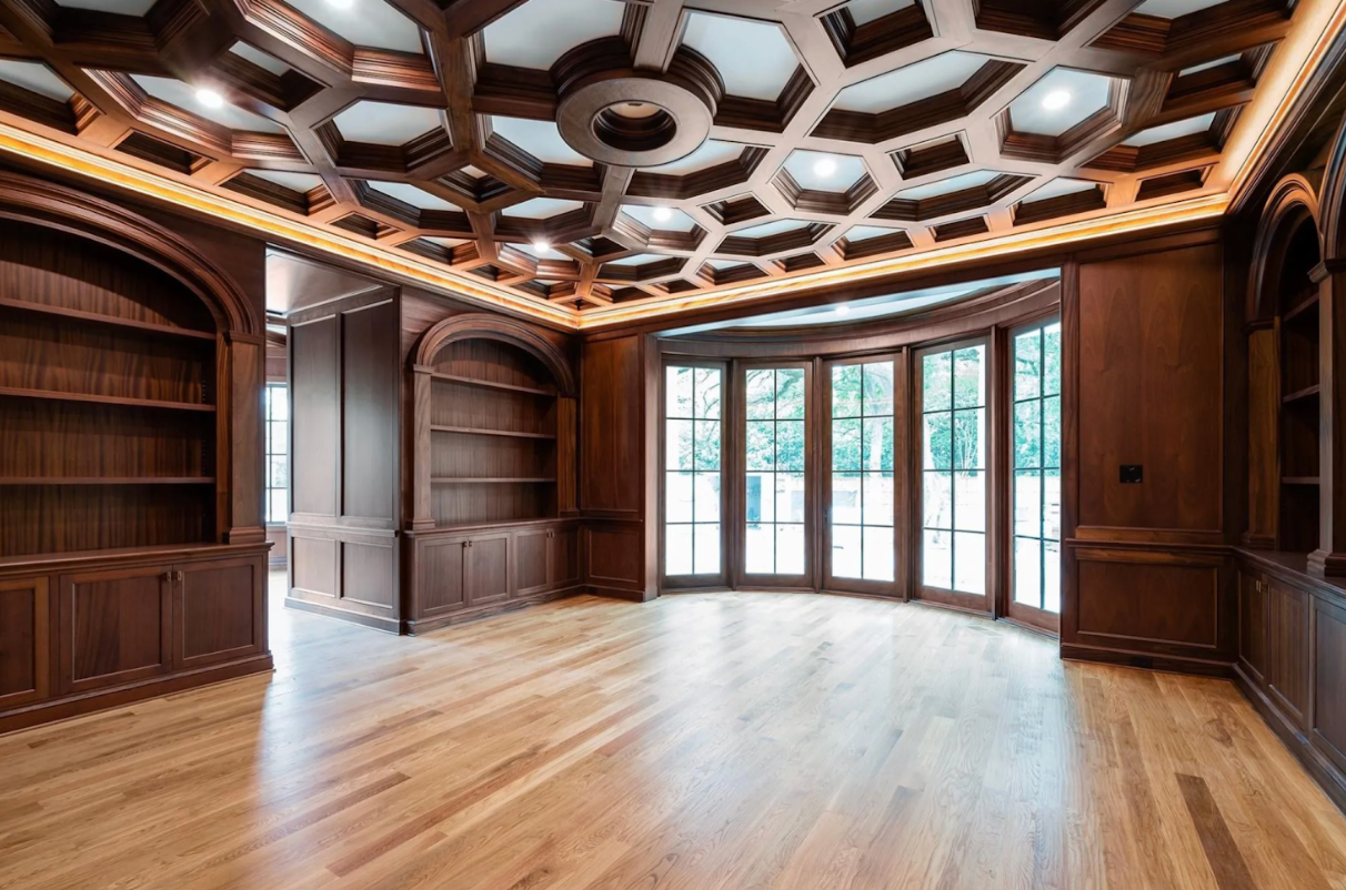impressive decorative ceiling with custom dark wood pattern